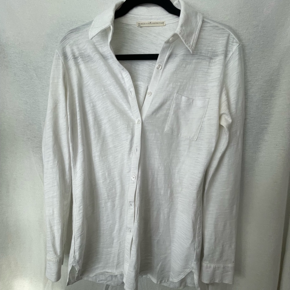 Peruvian Connection Knit Button Front Top White M… - image 1